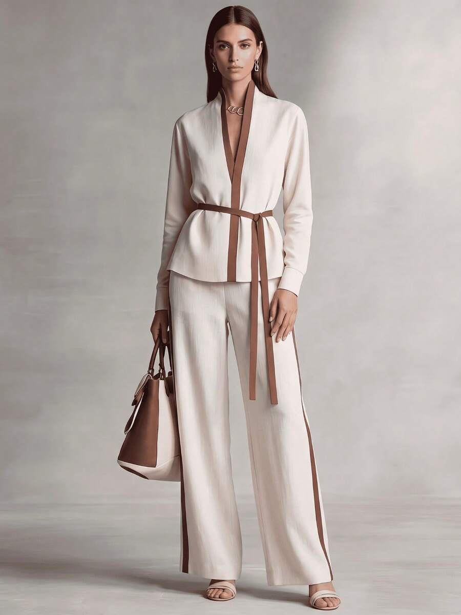 Wide Leg Palazzo Pants - XTOCEAN Women's Elegant V-Neck Long Sleeve