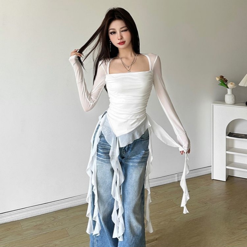 Asymmetric Top Women - Ruffle Long Sleeve Sexy T-Shirts Fashion