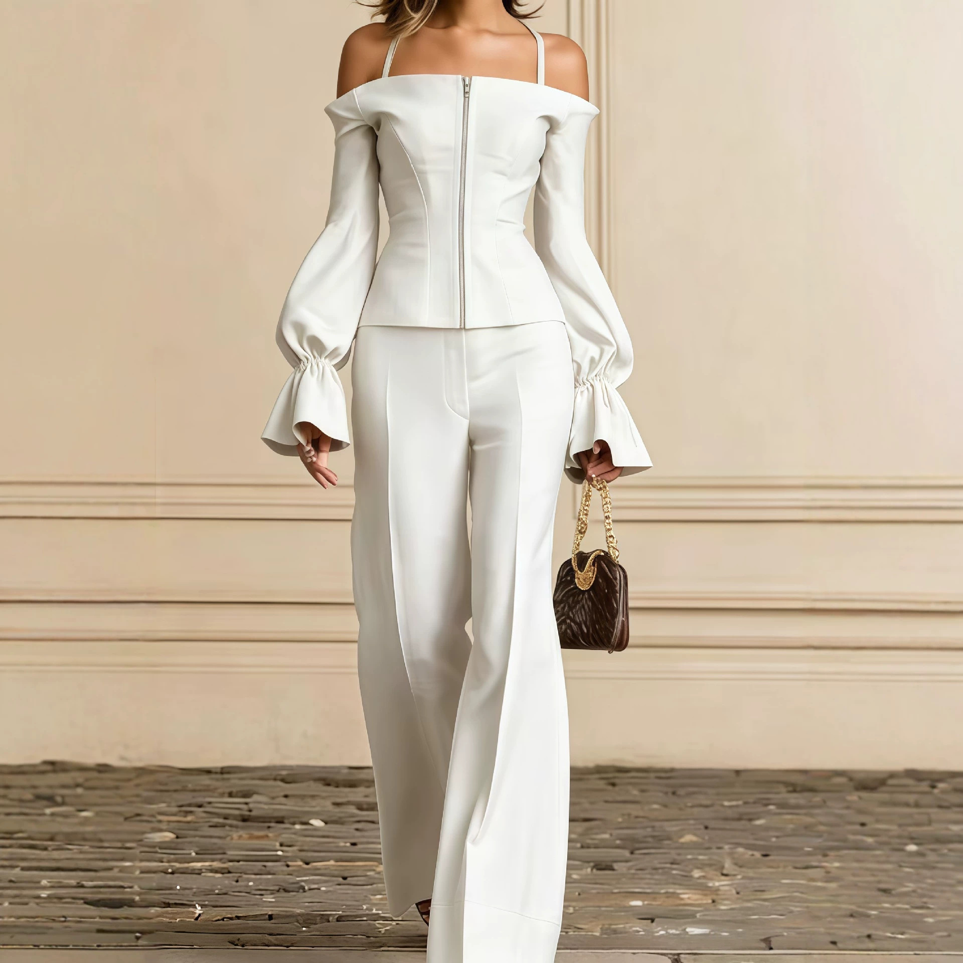 Wide Leg Palazzo Pants - 2 Piece Pants Set Women Solid