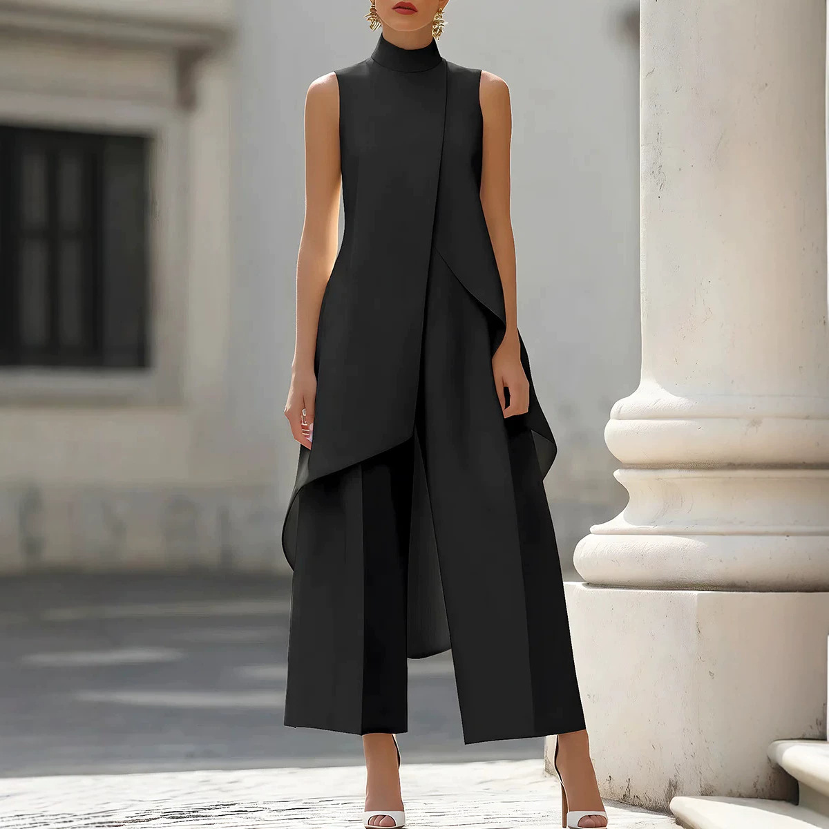 Women Stand Neck Sleeveless La - Wide Leg Palazzo Pants review and price