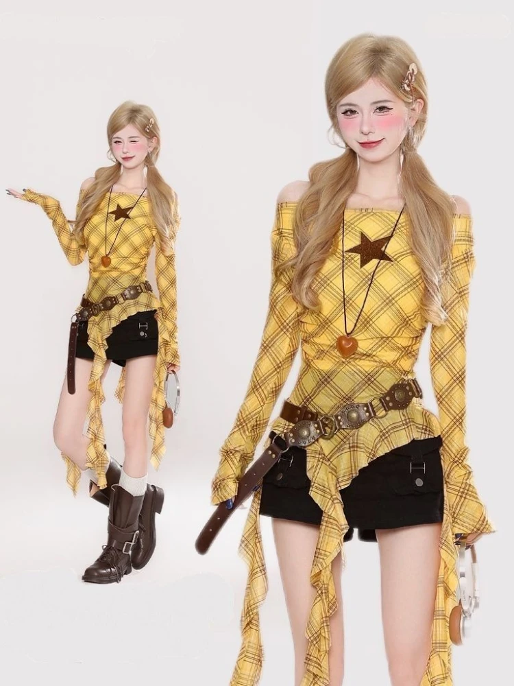 Y2K Plaid Slash Neck Vintage T - Women'S Fashion Tops review and price