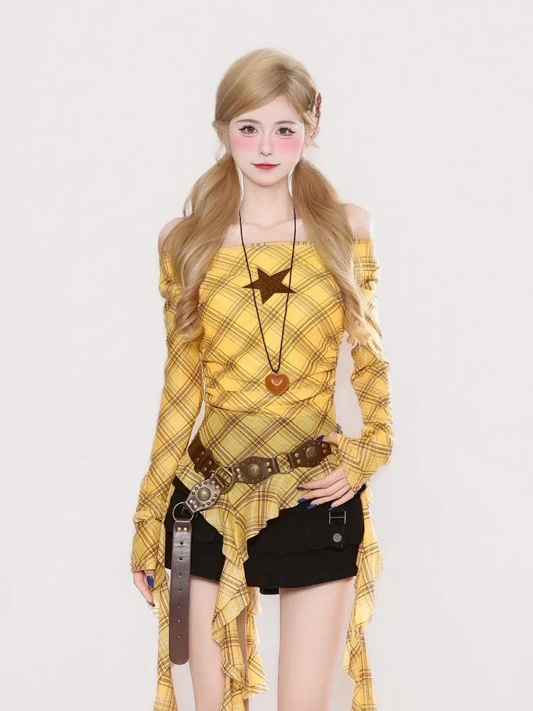 Y2K Plaid Slash Neck Vintage T - Women'S Fashion Tops review and price