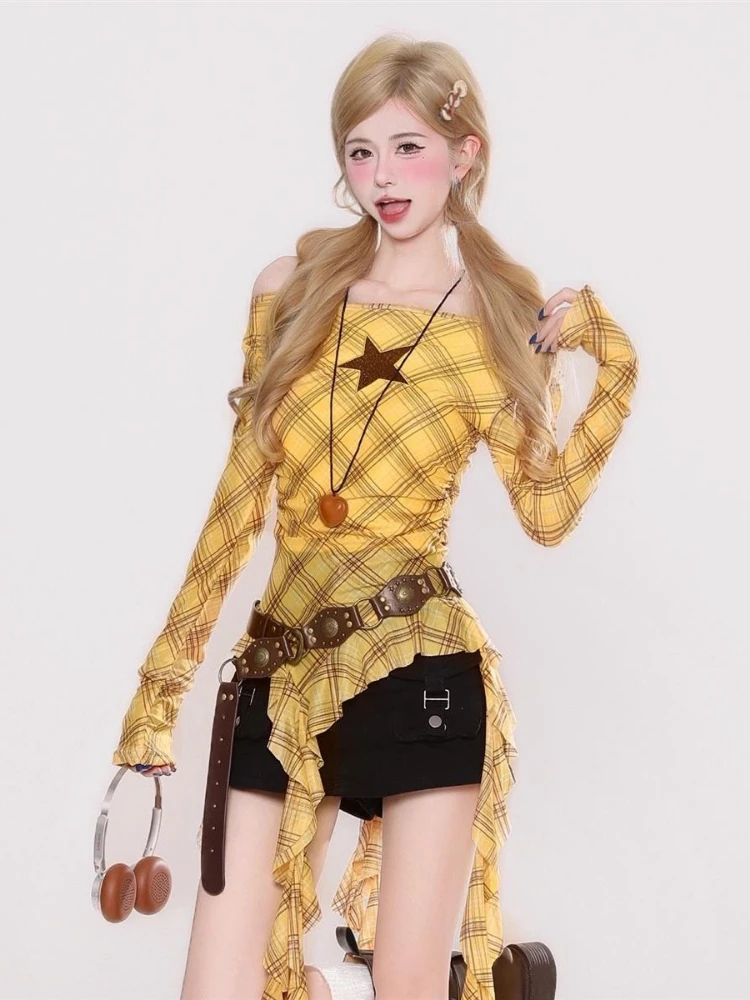 Y2K Plaid Slash Neck Vintage T - Women'S Fashion Tops review and price